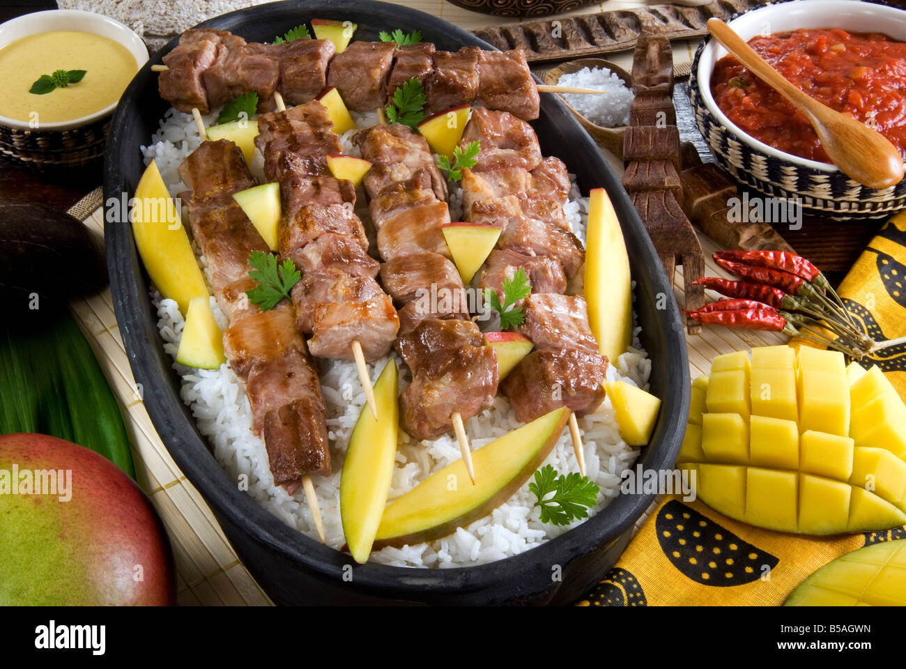 Madagascan food, mosakiki, zebu skewers with mango and rice, Madagascar