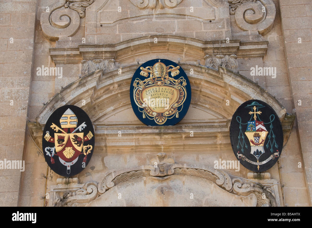 Coat of arms on St. George's Basilica, Victoria (Rabat), Gozo, Malta, Europe Stock Photo