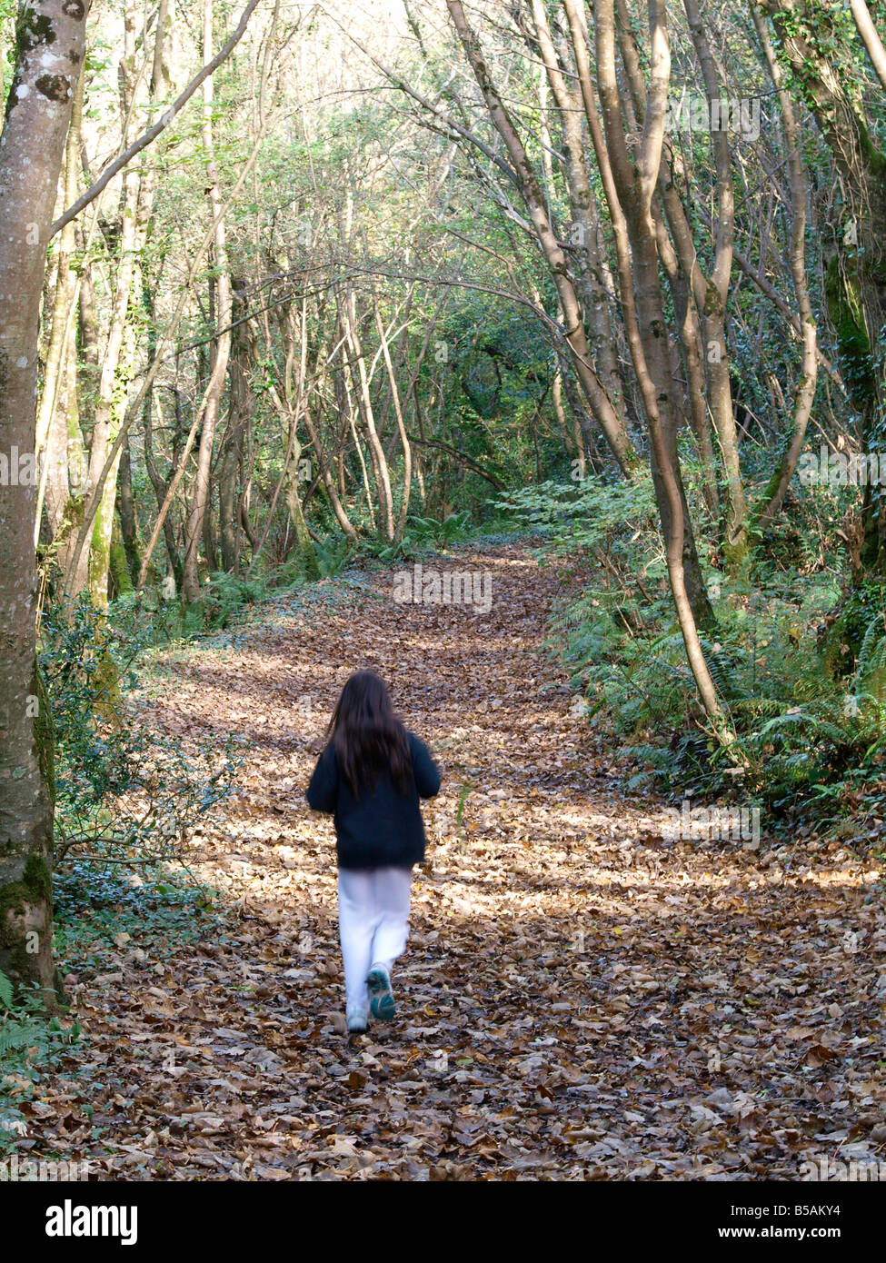 Young girl walking through the woods in 