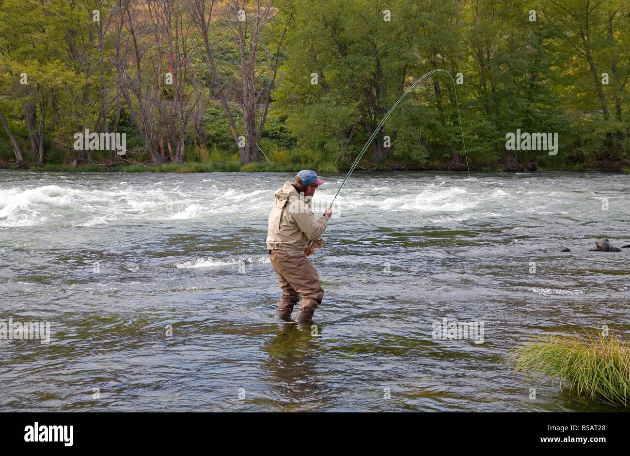 A fly fisherman casts flies for steelhead trout on the Deschutes River