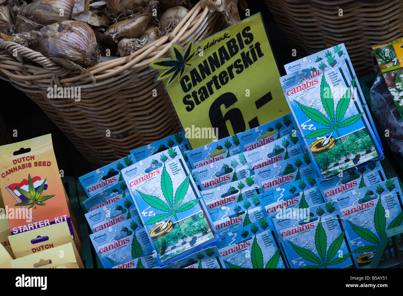 Cannabis seed packets for sale in the Bloemenmarkt (flower market), Amsterdam, Netherlands, Europe Stock Photo