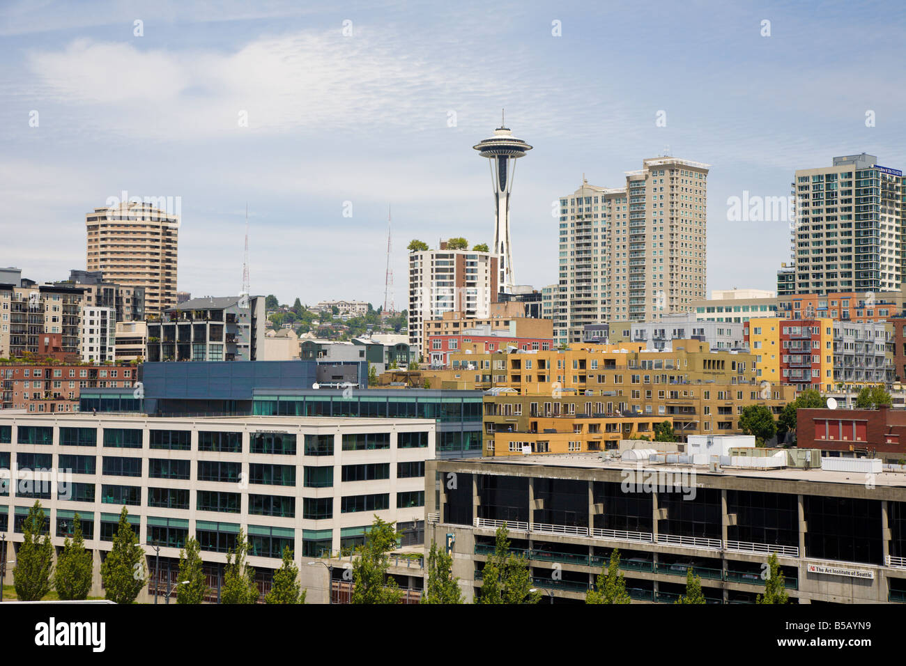 Space Needle rises dominates Seattle city skyline Stock Photo