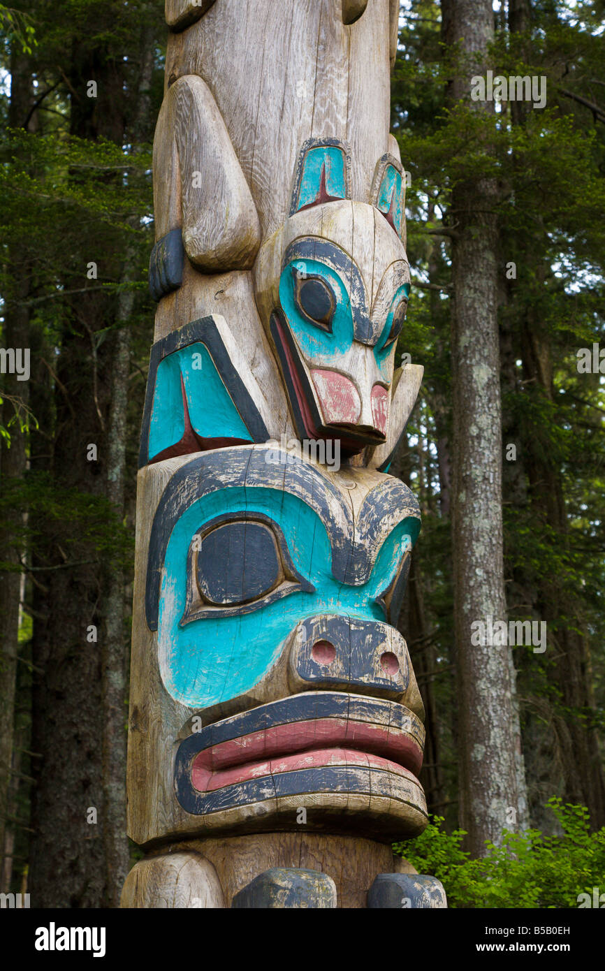 Close up of detail on Totem pole in National Historical Park in Sitka ...