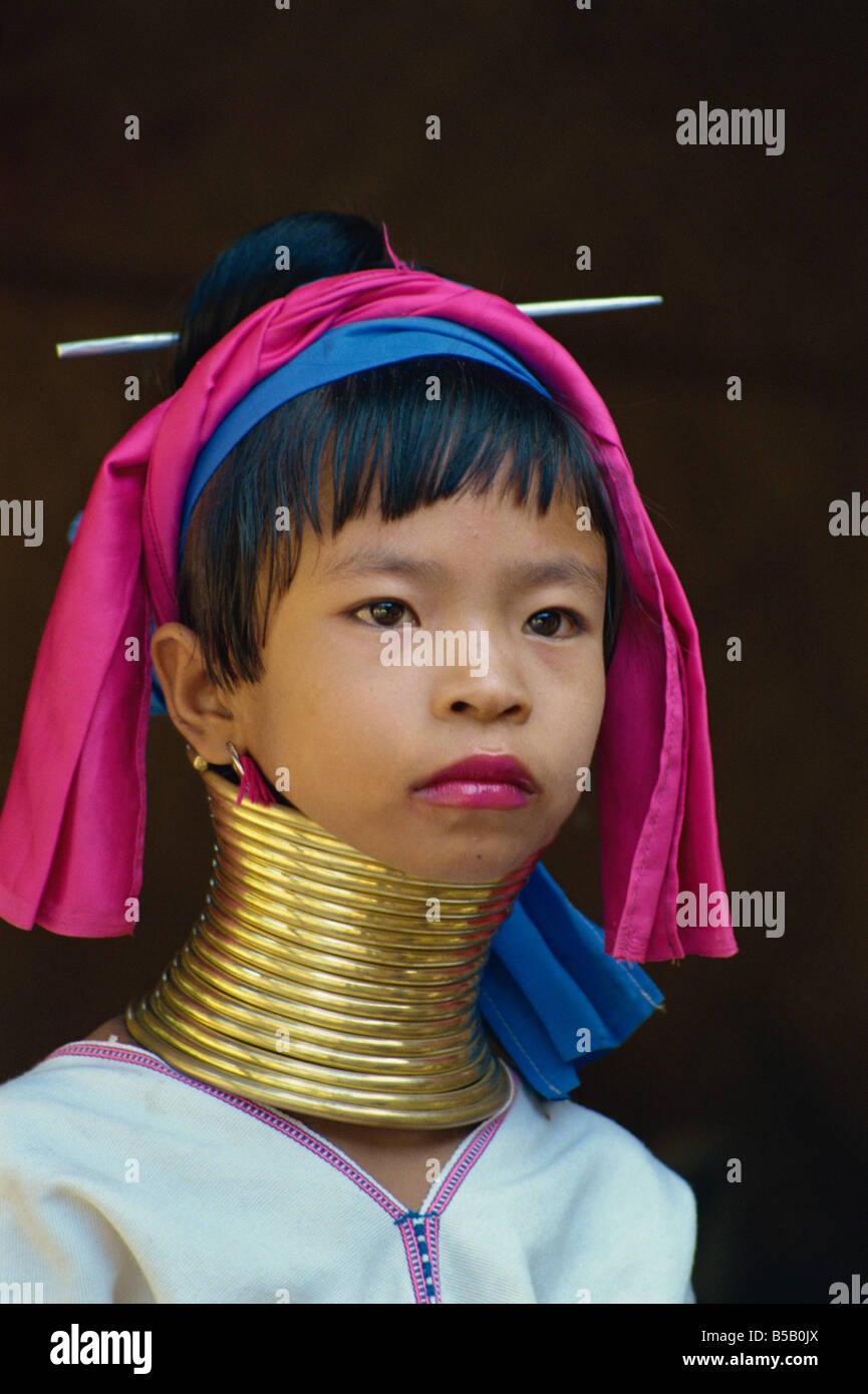 Portrait of a Long Neck girl of the Paduang tribe at Mae Hong Son Thailand Asia C Boonsom Stock Photo