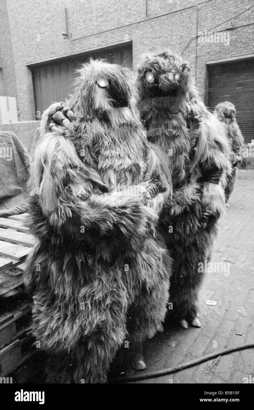 The Yeti Mark two - seven foot tall monsters with light eyes, electrical nervous system, electronic roars, and assisted by a fungoid mist have taken over London for the TV series Dr Who. The yeti's are played by actors Gordon Stothard, John Lord, Colin Warman and John Levene, wearing suits made from Yak fur and wool with eyes that light up.;Our Picture Shows: Yeti's near Goodge Street underground station in London. Dec 1967;X11800 Stock Photo