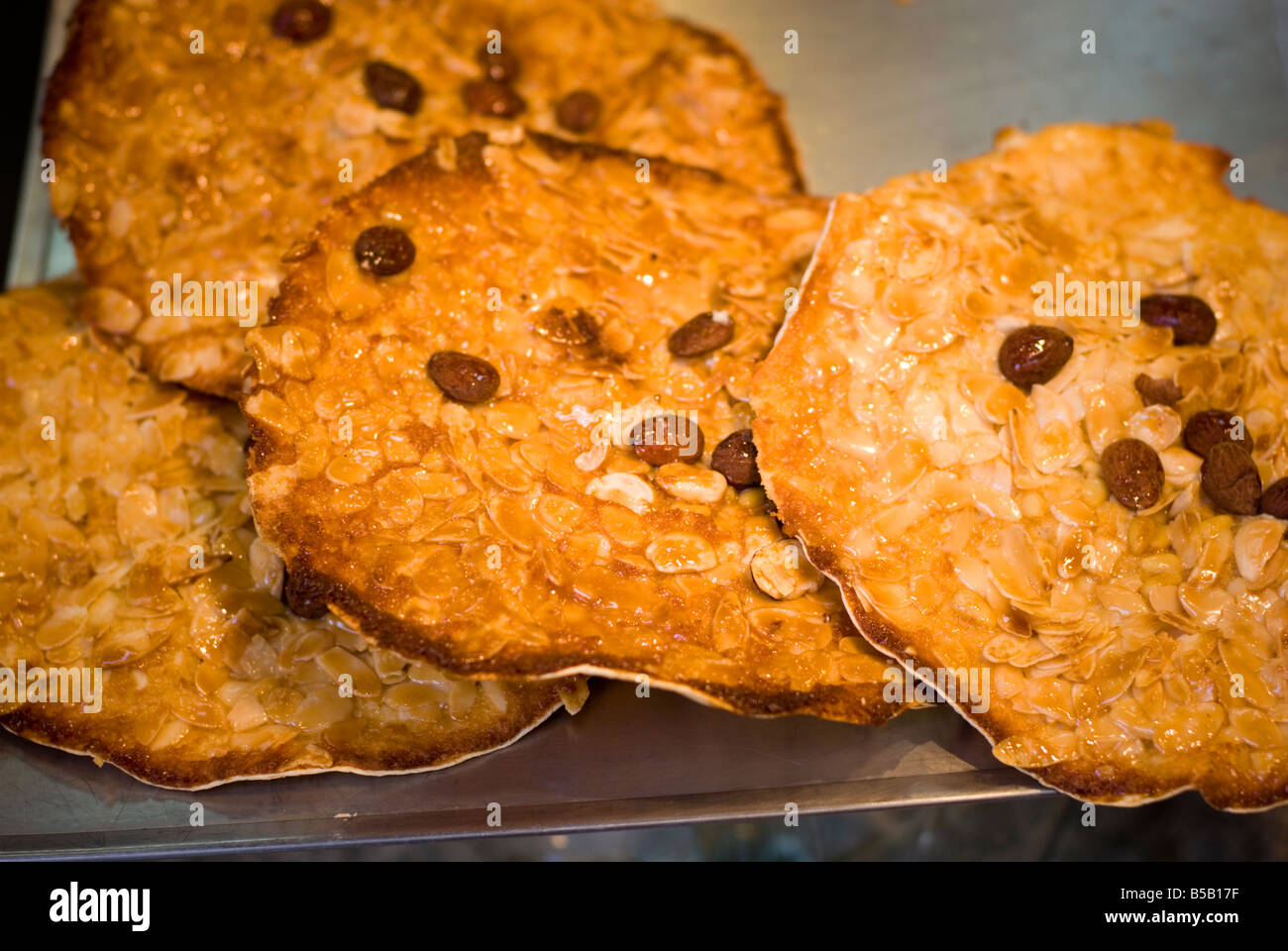 Detail of sticky almond cookies in Valencian bakery. Spain Stock Photo
