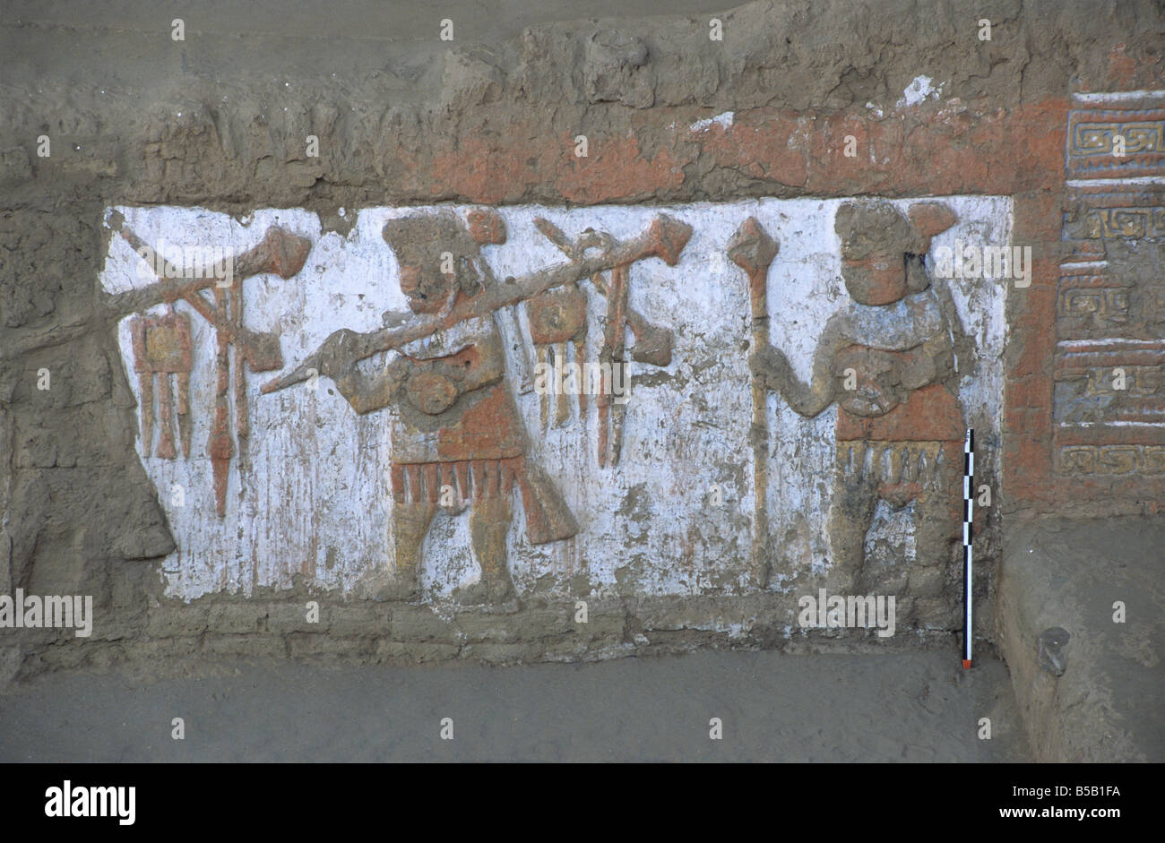 Close up of frieze of warriors, Huaca de la Luna, Trujillo , Peru Stock Photo