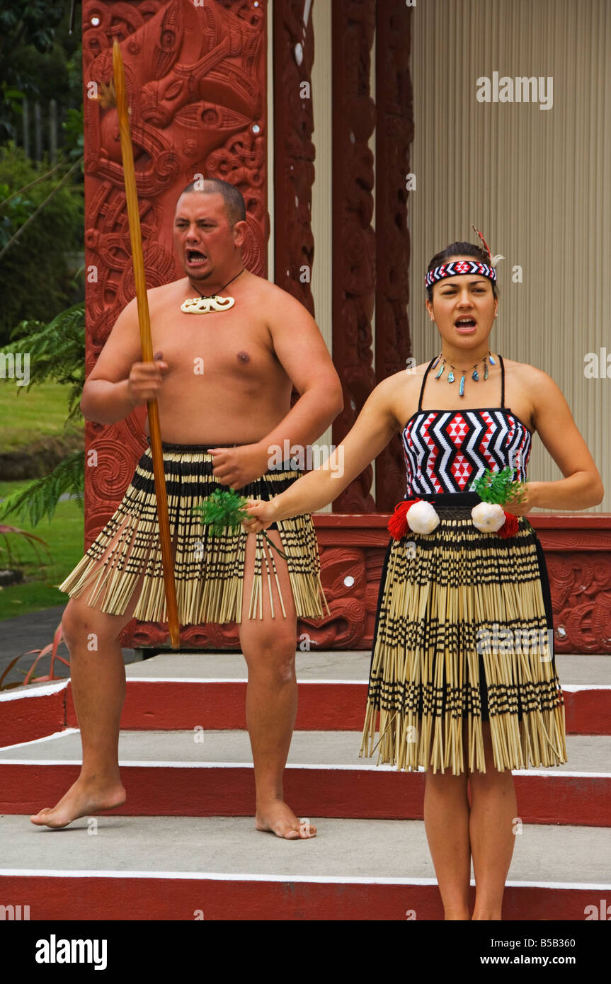Welcome ceremony by descendants of Tuhourangi/Ngati Wahiao tribe, Te Puia Wakarewarewa Geothermal Village, Rotorua, New Zealand Stock Photo