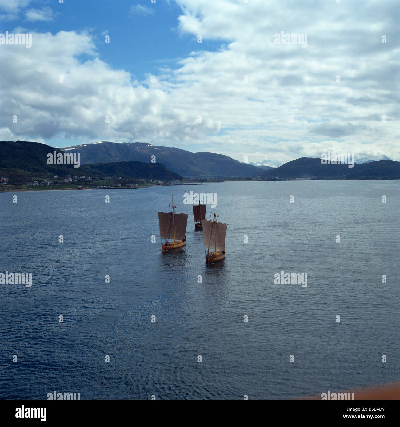 Replica Viking boats near Alesund West Norway Scandinavia Europe Stock Photo