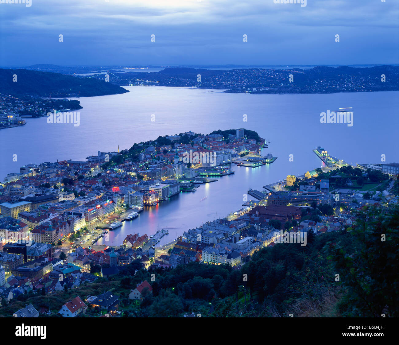 Aerial view the harbour and city of Bergen at dusk Norway Scandinavia Europe Stock Photo