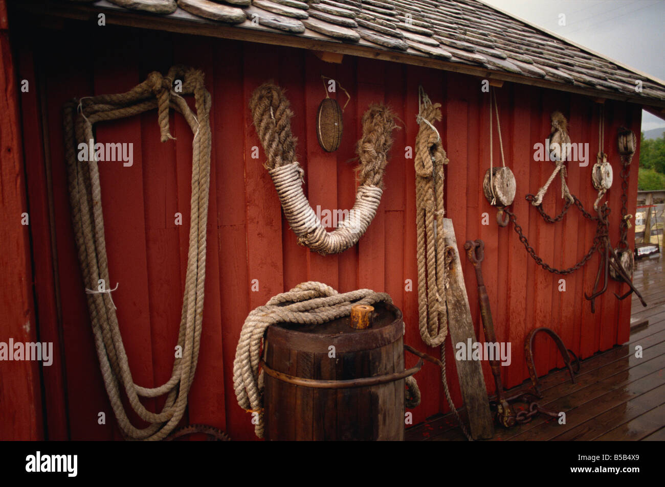 Fishing tackle decorates fishing centre at Salmon Islands in the north of the country Norway Scandinavia Europe Stock Photo