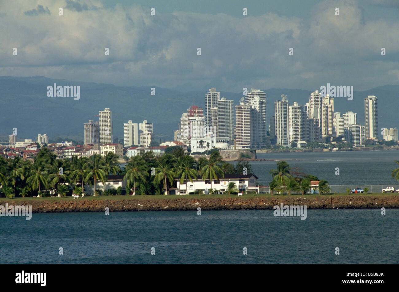 The high rise buildings on the skyline of Panama City seen from the Canal approach Panama Central America Stock Photo