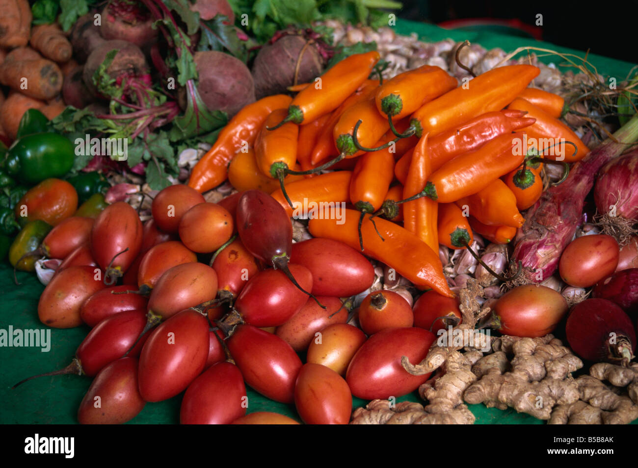Vegetables for sale, Pisac Market, Cuzco area, Peru, South America Stock Photo
