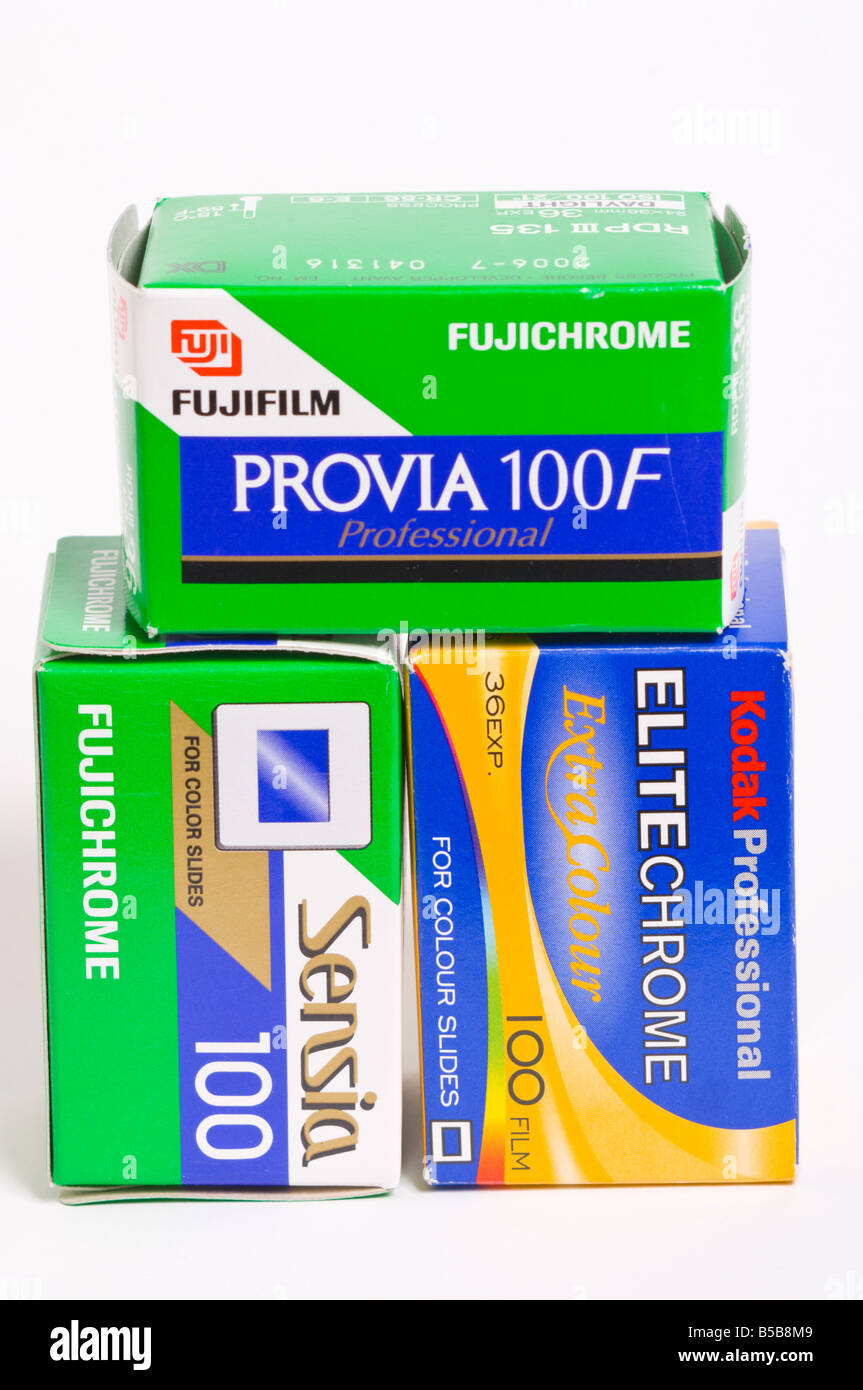 A selection of Kodak and Fuji professional 36 exposures 100 asa transparency positive slide films for 35mm cameras Stock Photo