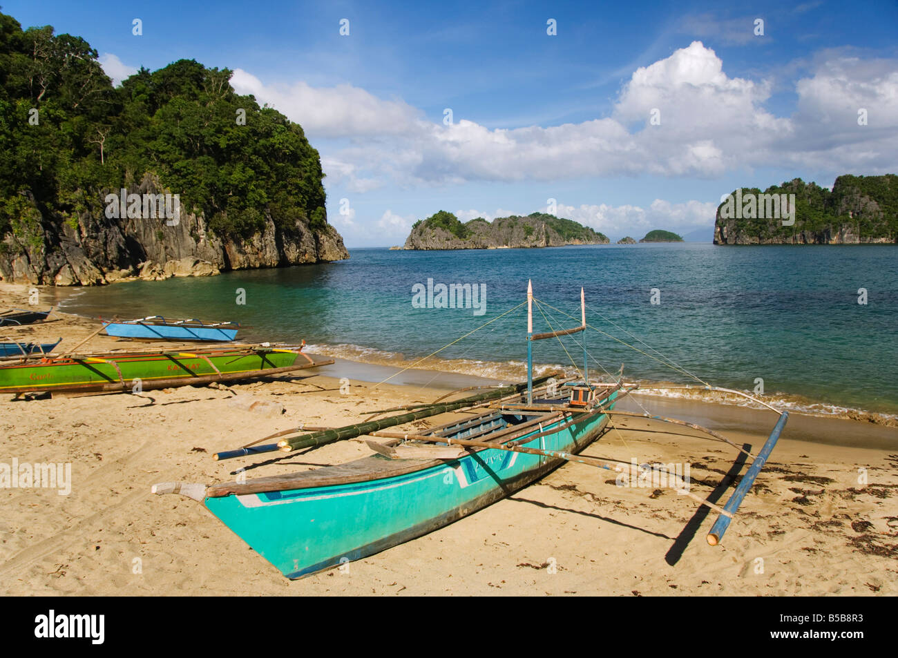 Colourful fishing boat on Gota Beach, Camarines Sur, Caramoan National Park, Bicol Province, southeast Luzon, Philippines, Asia Stock Photo