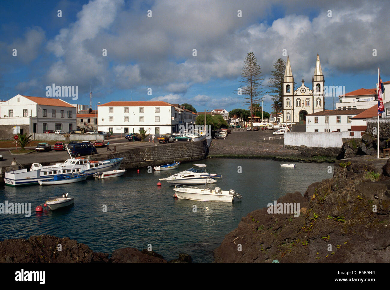 Harbour and church Madalena Pico Azores Portugal Atlantic Europe Stock ...