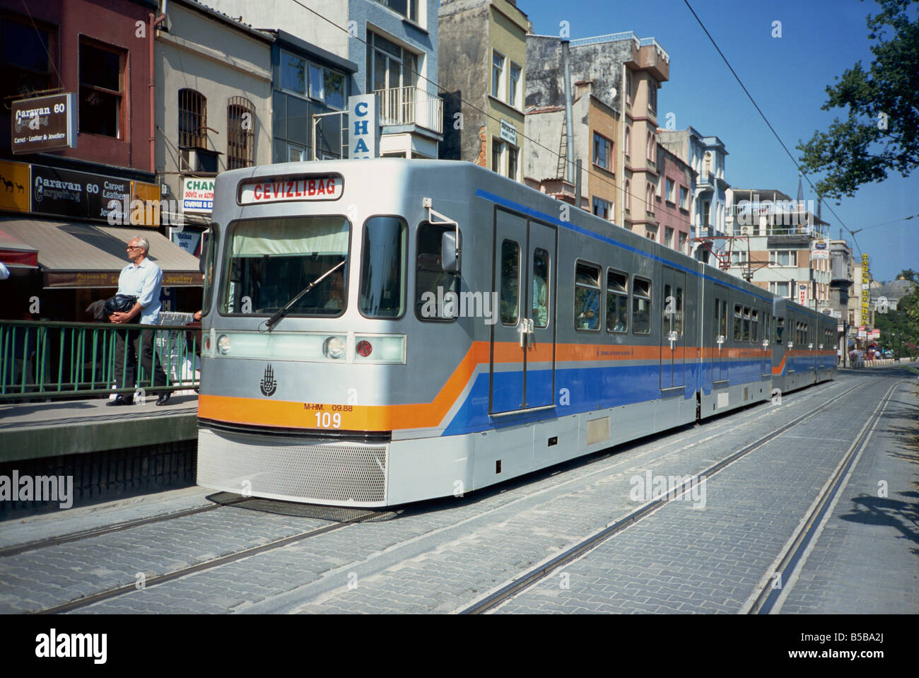 Modern tram in Sultanahmet area of Istanbul Turkey Stock Photo