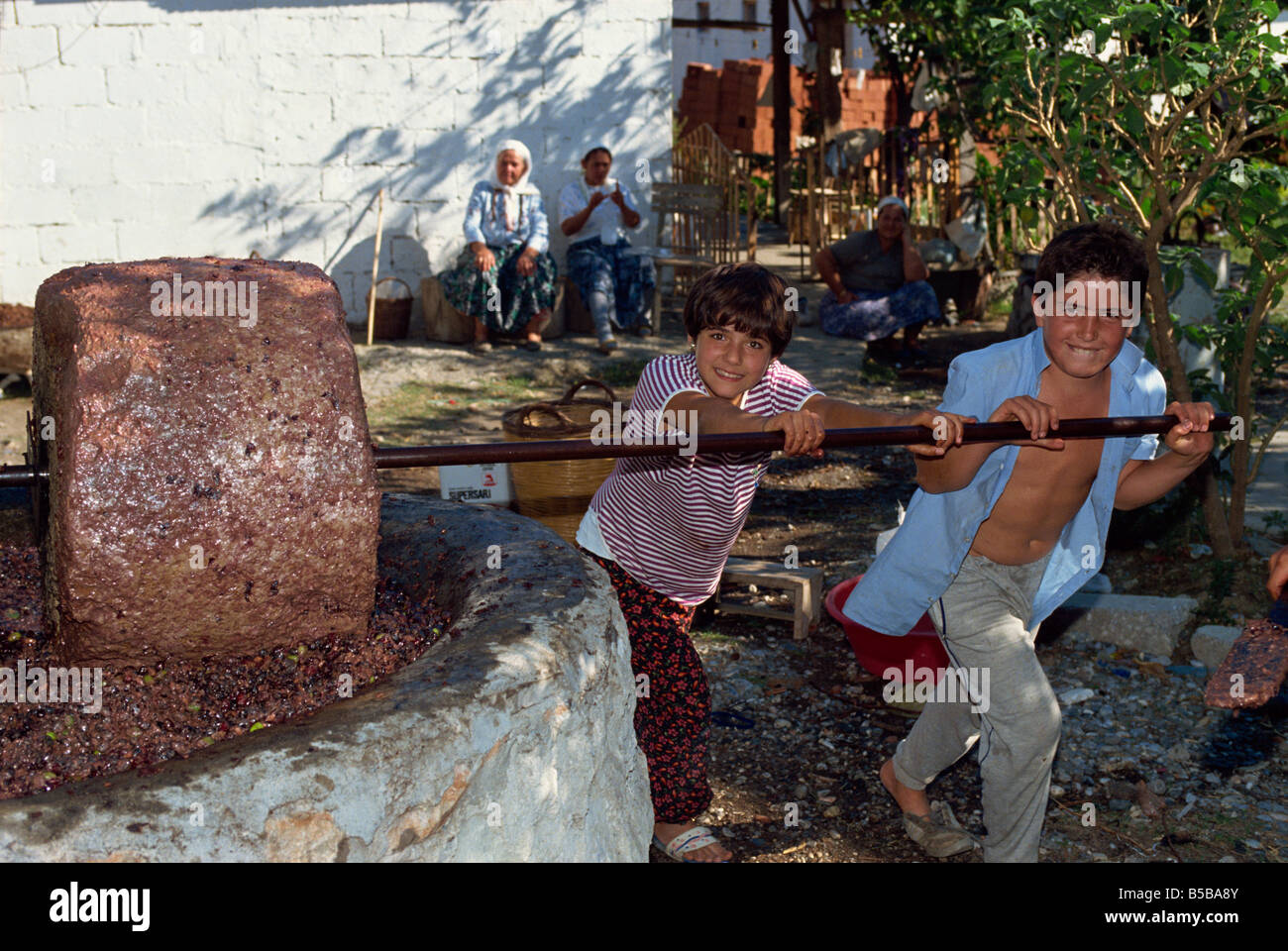 Children pressing olives in a stone olive press near Gocek, Anatolia