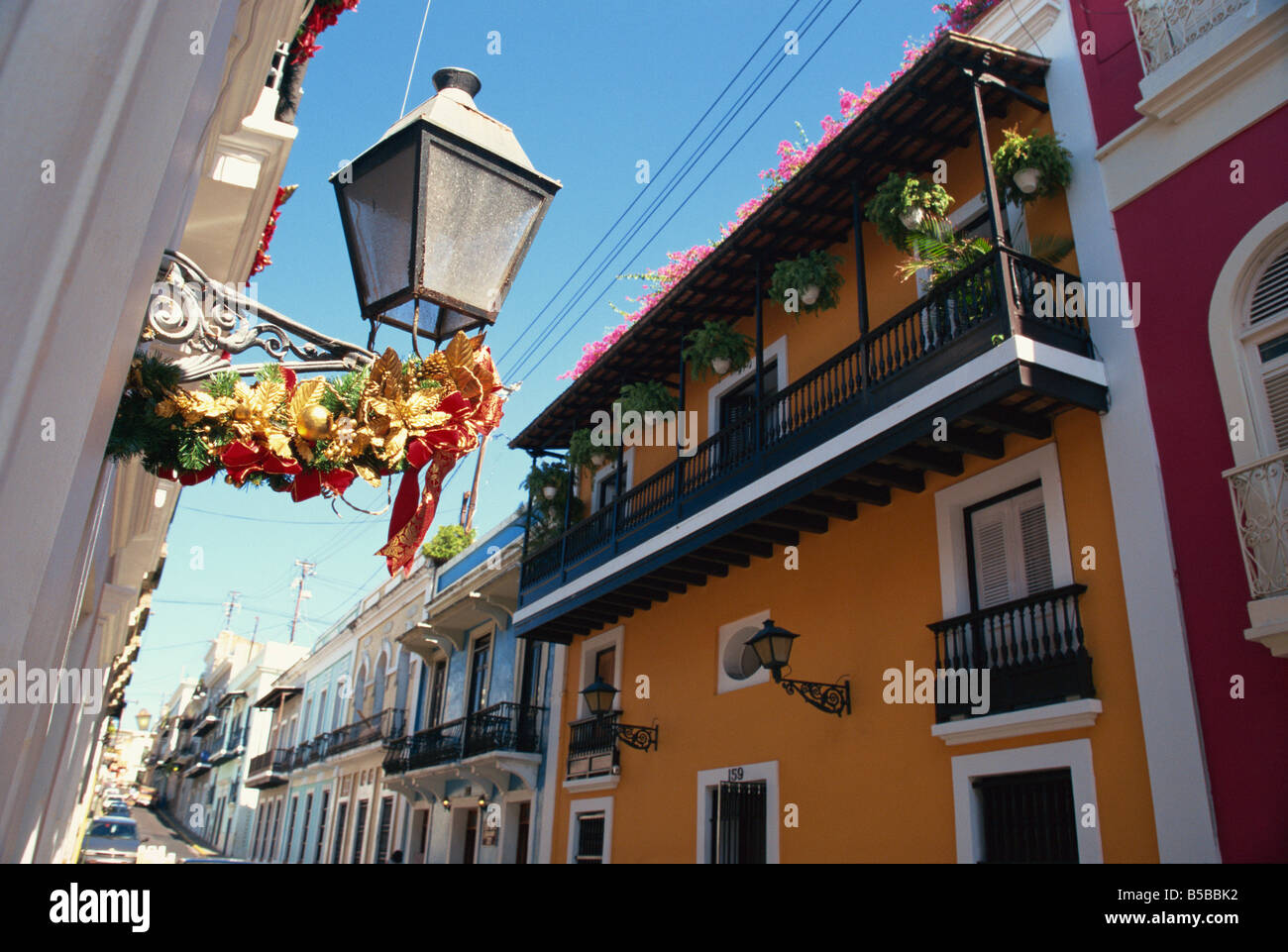 Balconies on typical street in the Old Town San Juan Puerto Rico