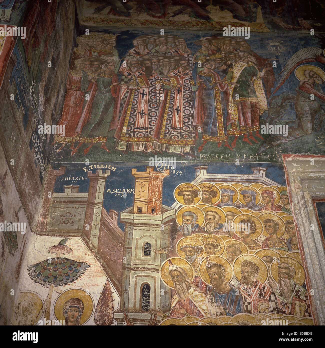 Frescoes painted on outside to inspire peasants, Moldovita Monastery, Moldavia, Romania, Europe Stock Photo