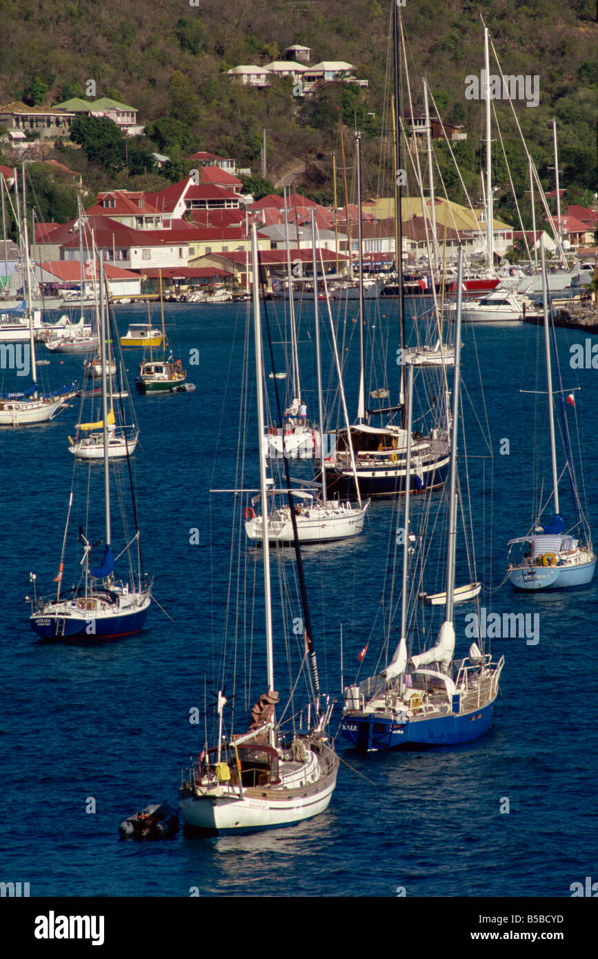 Moored sailing boats in Gustavia Harbour St Barthelemy St Barts Leeward Islands West Indies Caribbean Central America Stock Photo