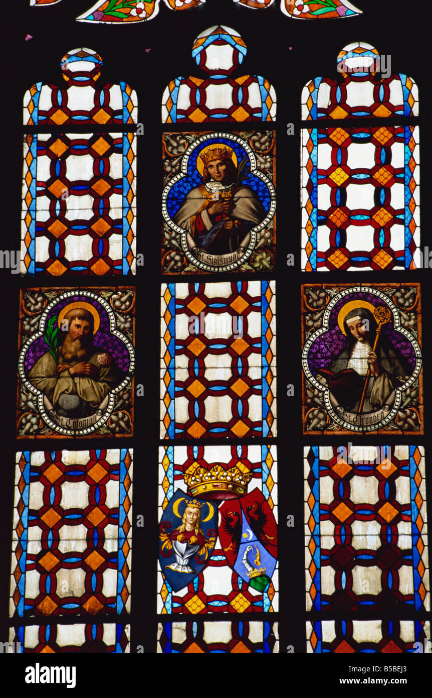 Stained glass window in Gothic cathedral, Kosice, Slovakia, Europe Stock Photo