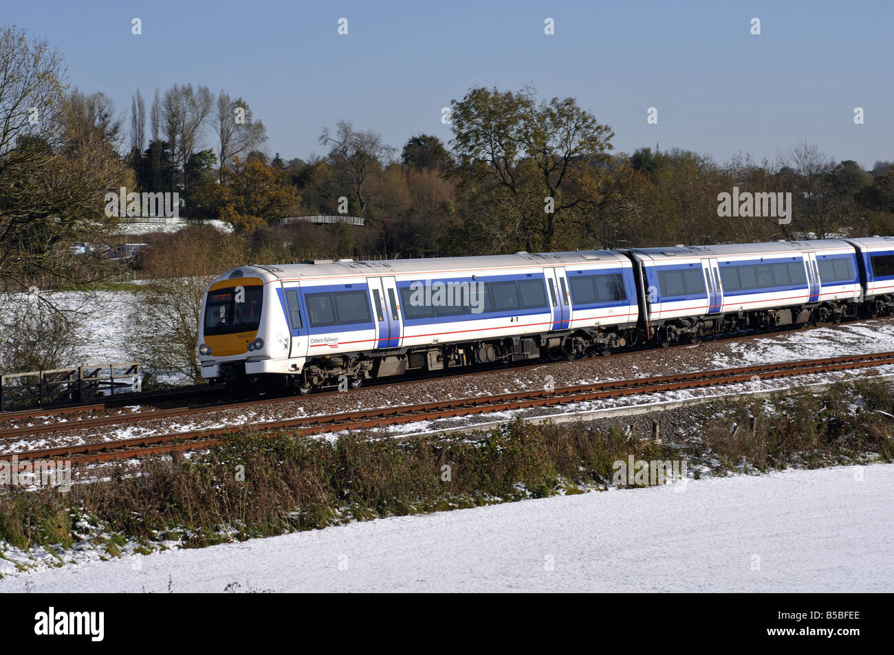 Chiltern Railways train, snowy, Warwickshire, UK Stock Photo