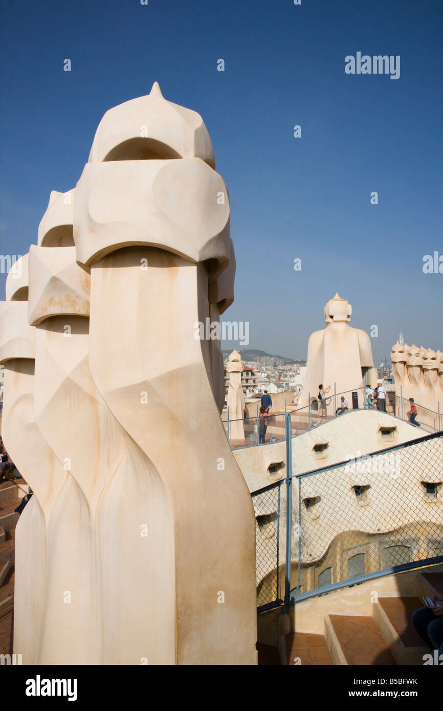 The iconic symbols of Antoni Gaudi, the Chimneys of Casa Mila La Pedrera Barcelona Catalonia Spain Stock Photo