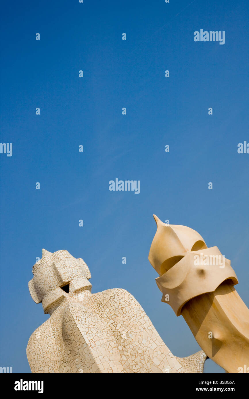 The iconic symbols of Antoni Gaudi, the Chimneys of Casa Mila La Pedrera Barcelona Catalonia Spain Stock Photo