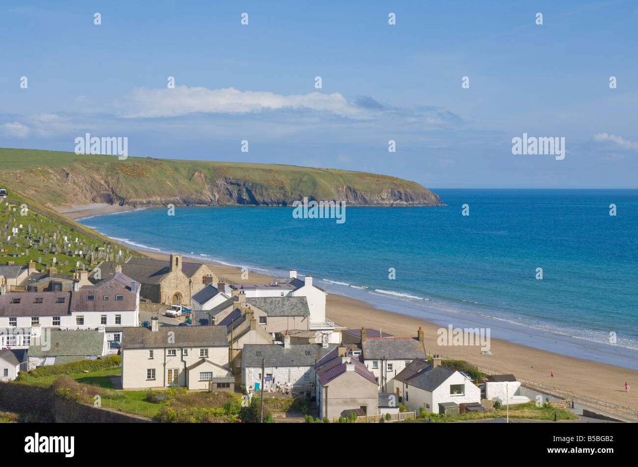 Village of Aberdaron with St. Hywyn's church and graveyard, Aberdaron Bay, Llyn Peninsula, Gwynedd, North Wales, Wales, , Europe Stock Photo