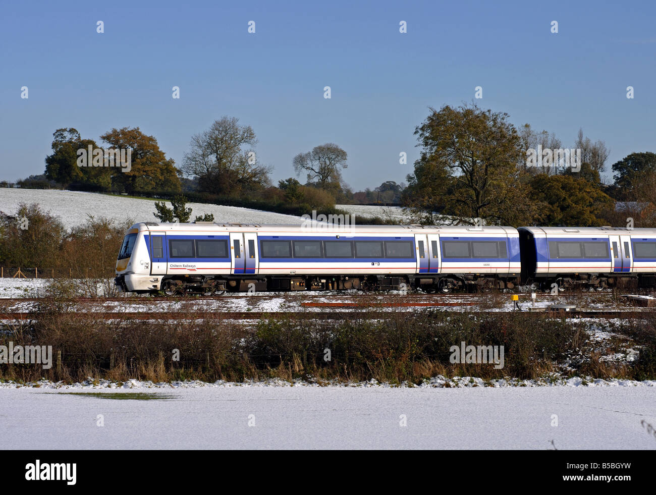 Chiltern Railways train, snowy, Warwickshire, UK Stock Photo