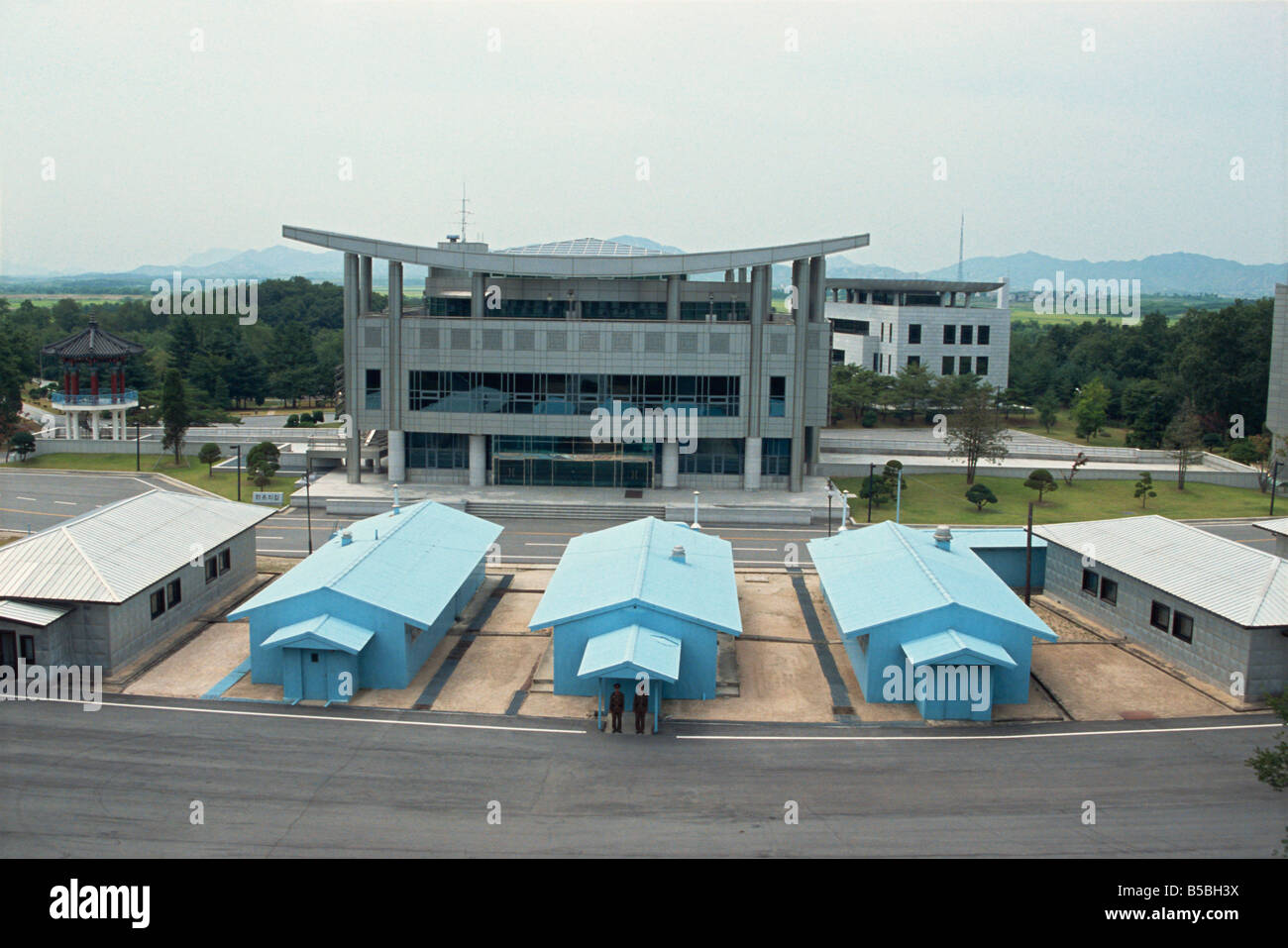 Conference buildings seen from North Panmunjon border zone border between North and South Korea Asia Stock Photo