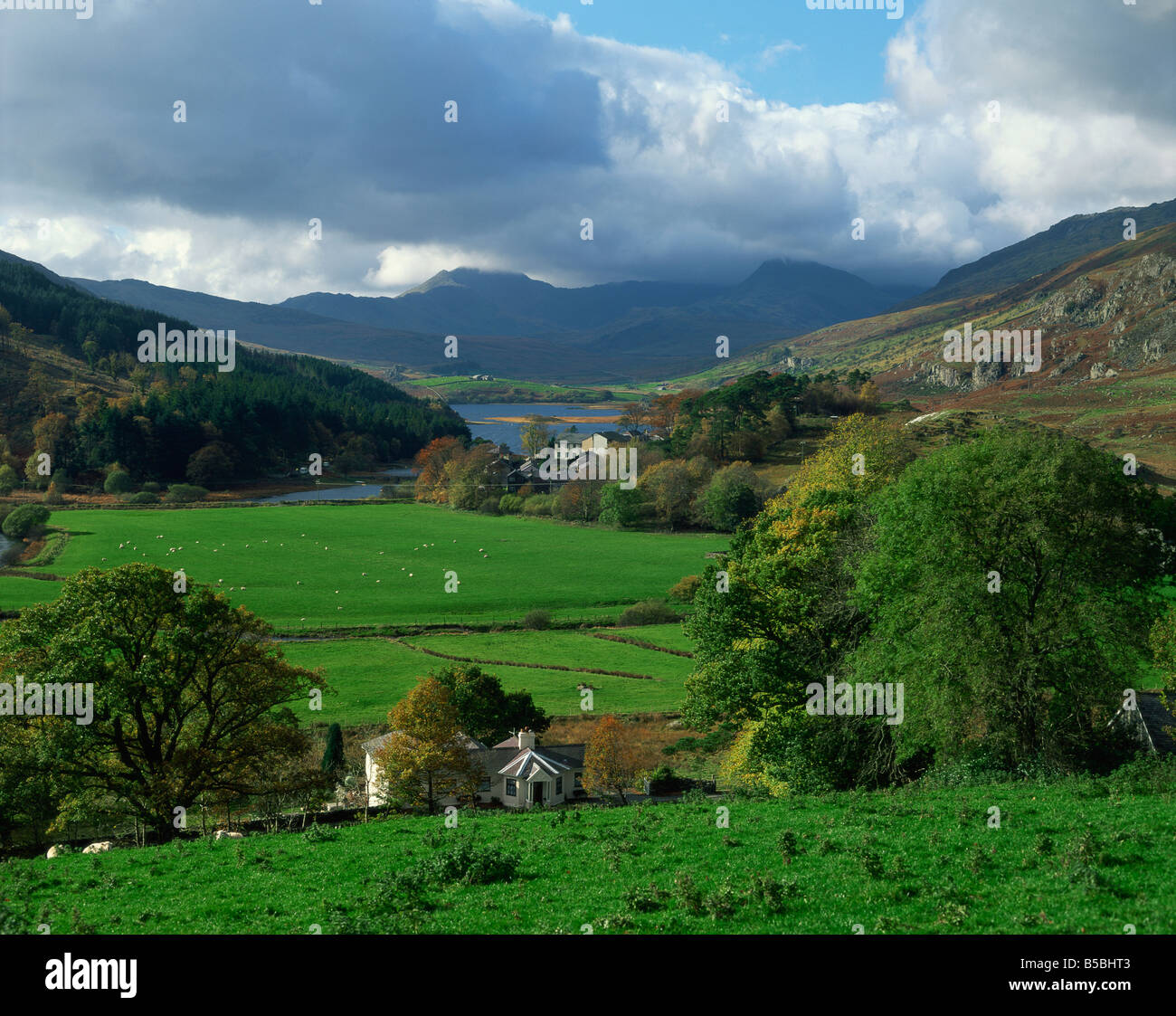 View from valley to Snowdonia mountains Snowdonia Gwynedd Wales United Kingdom Europe Stock Photo
