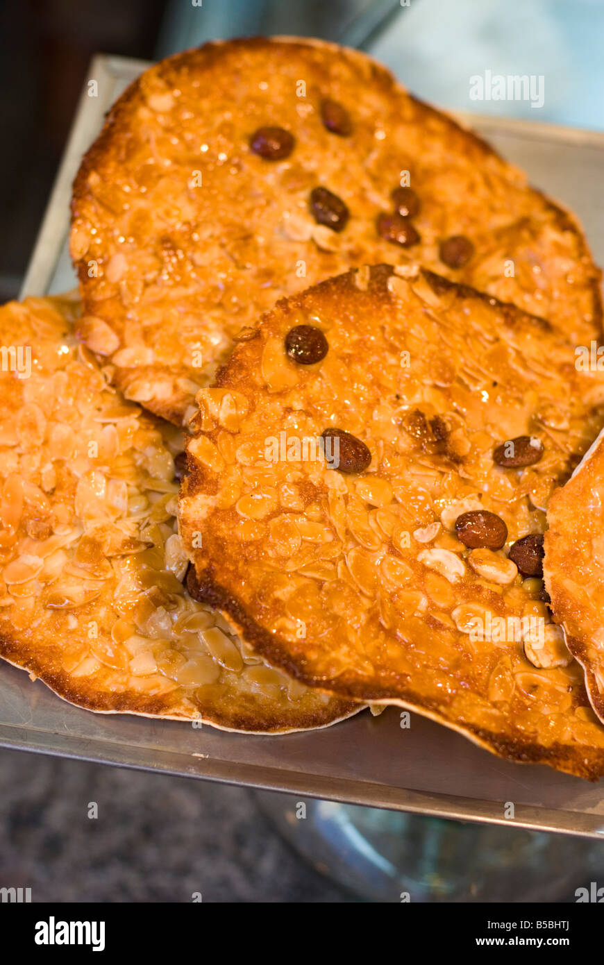 Detail of sticky almond cookies in Valencian bakery. Spain Stock Photo