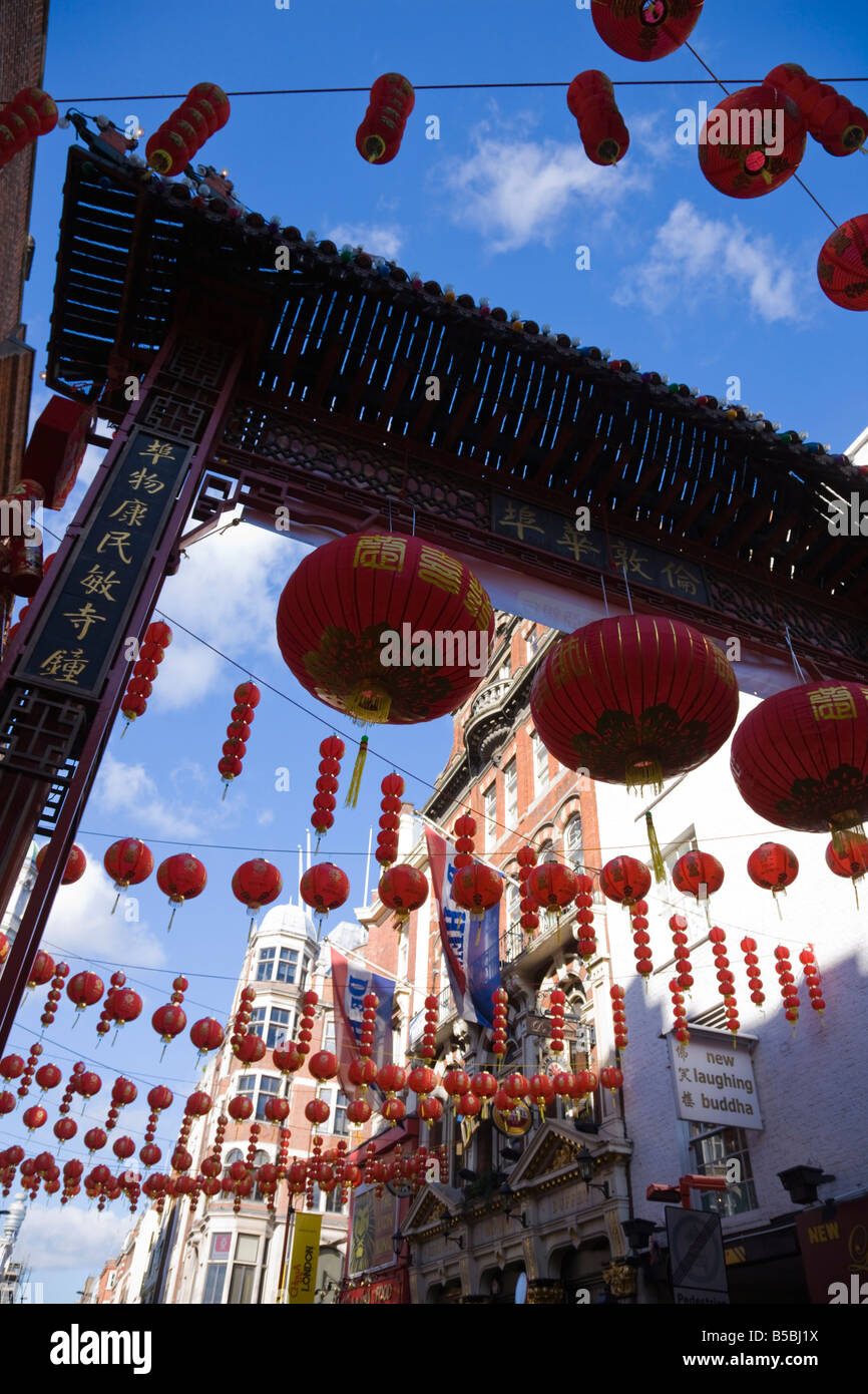 Chinese lanterns decorate Gerrard Street and surrounding streets, Chinese New Year celebrations, Chinatown, Soho, London Stock Photo
