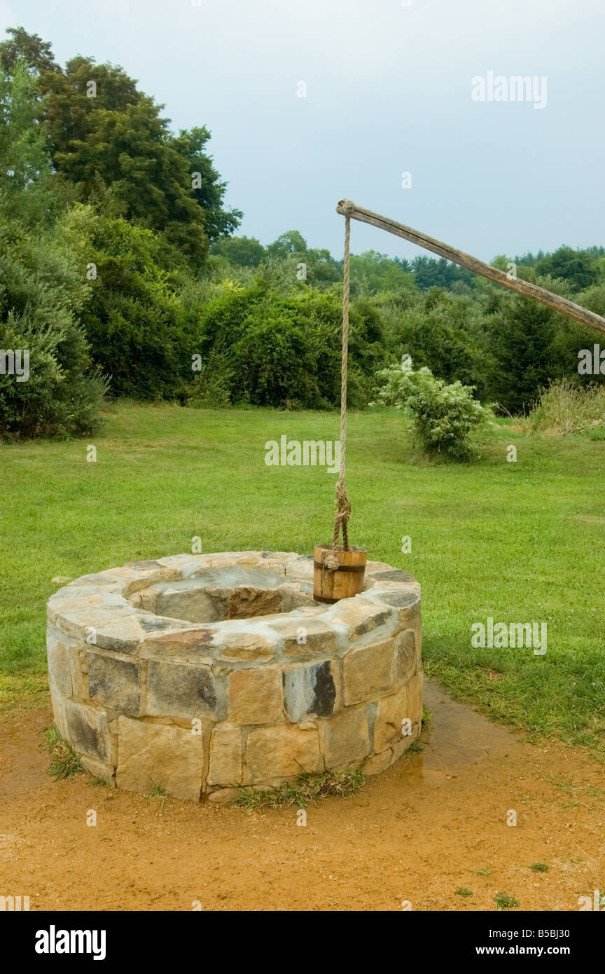 water well with bucket and lever Stock Photo Alamy