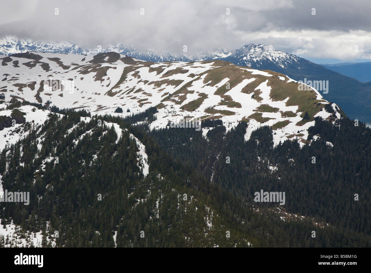 Aerial view of snow capped mountains near Juneau, Alaska Stock Photo