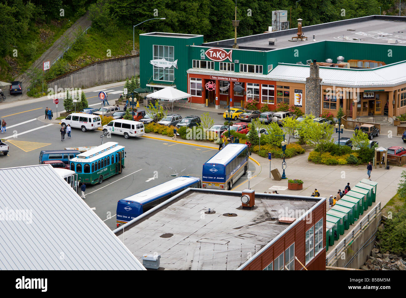Smoked salmon stores and tourists shops at port in Juneau, Alaska Stock