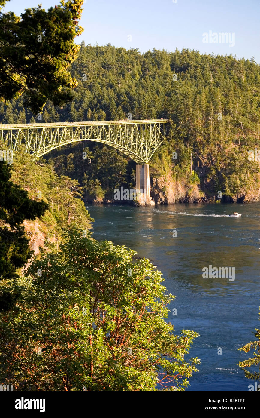Deception Pass Bridge connecting Whidbey Island and Fidalgo Island in Island County Washington Stock Photo