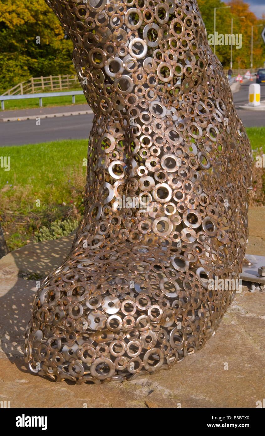 Chartist sculpture made from 27000 steel washers welded by artist Sebastien Boyesen on a roundabout in South Wales UK Stock Photo