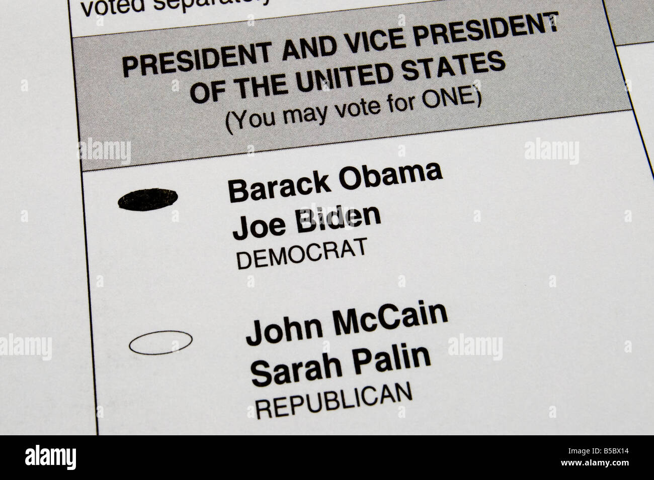 Voting Ballot for the 2008 american presidential election with vote for Barack Obama filled out Stock Photo