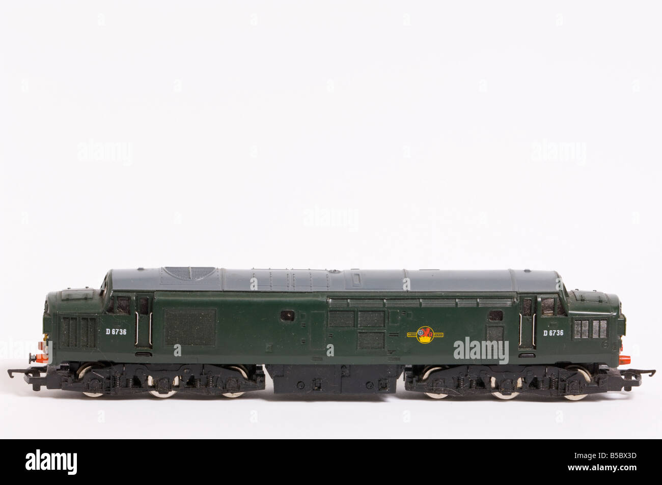 Close up of a  Hornby diesel  model train in green livery shot against a white background (cut out) in a studio Stock Photo