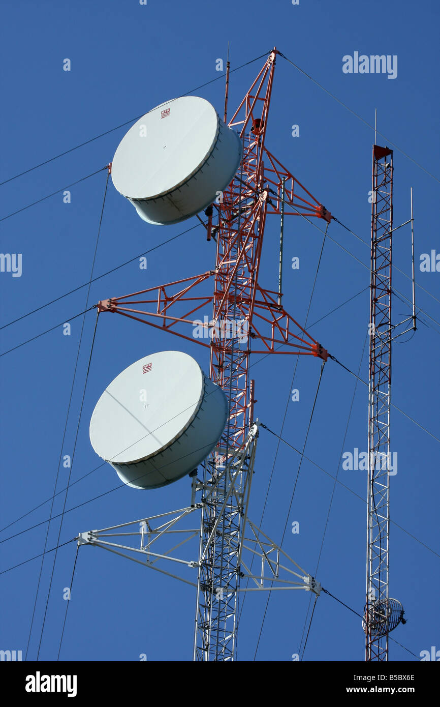 A high communication towers with receiving dishes Branson Missouri Stock Photo