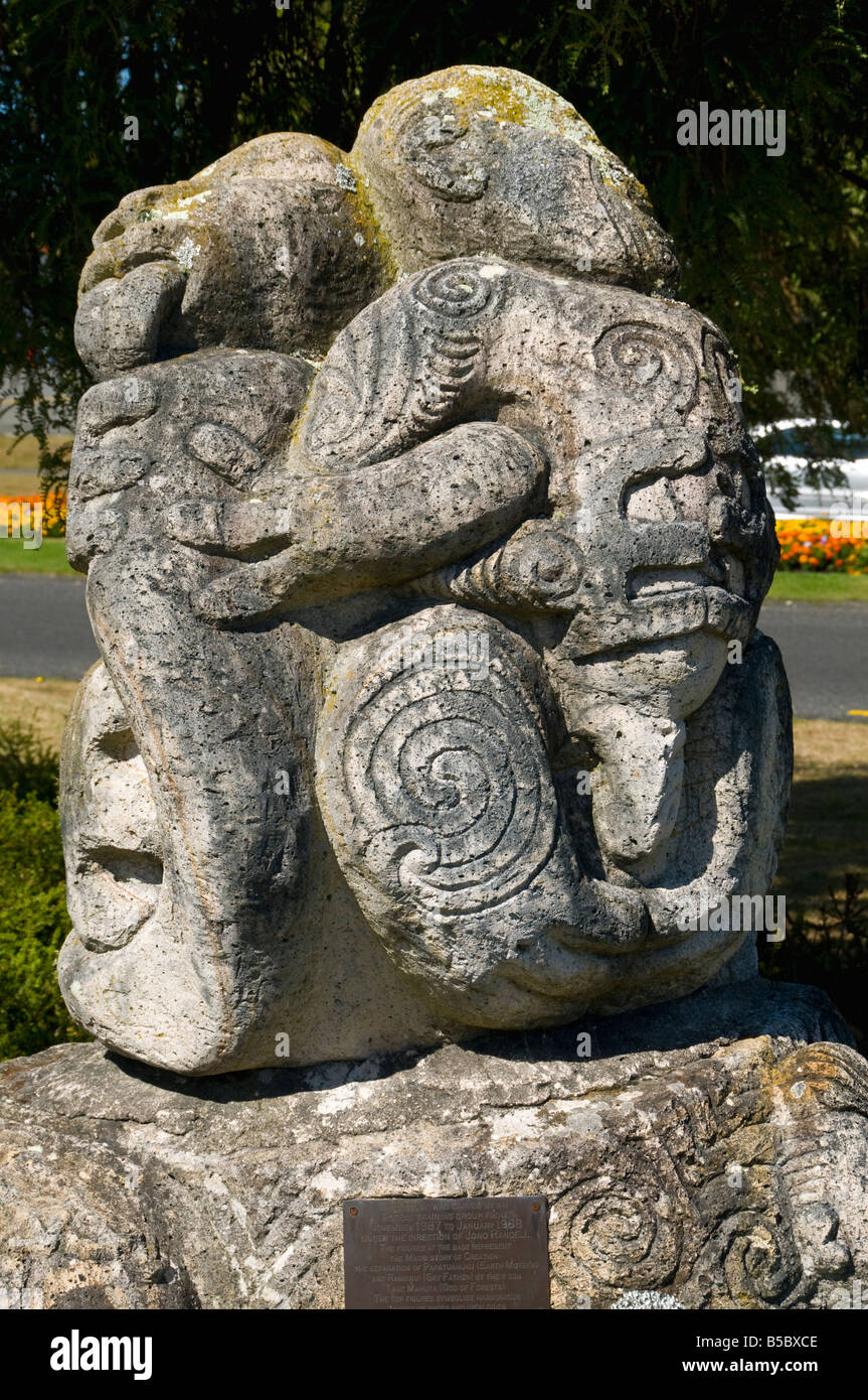 Outdoor sculpture at Taupo, North Island, New Zealand.  It represents the Maori story of creation. Stock Photo