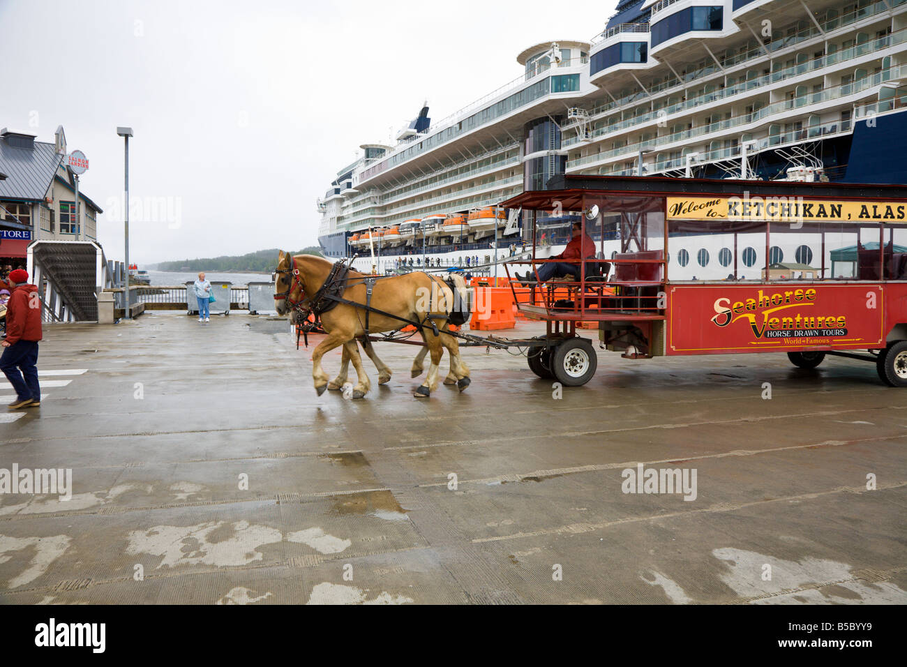 Horse and wagon pulling up to get passengers for tour of Ketchikan Alaska Stock Photo