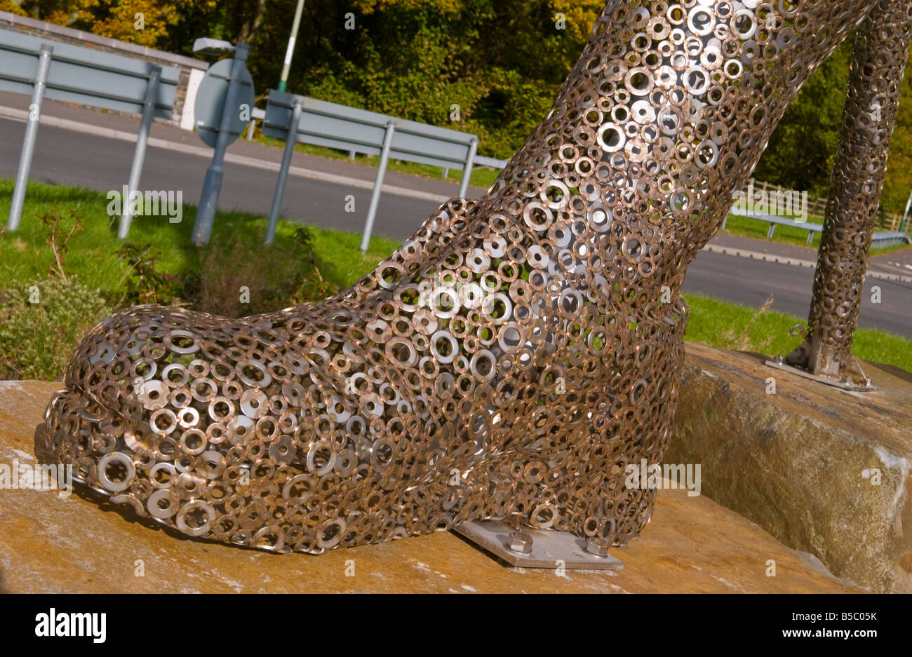 Chartist sculpture made from 27000 steel washers welded by artist Sebastien Boyesen on a roundabout in South Wales UK Stock Photo