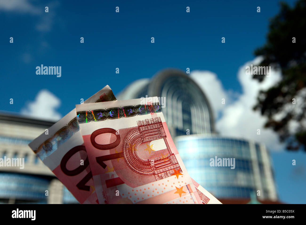 Euro notes outside the European Parliament Stock Photo