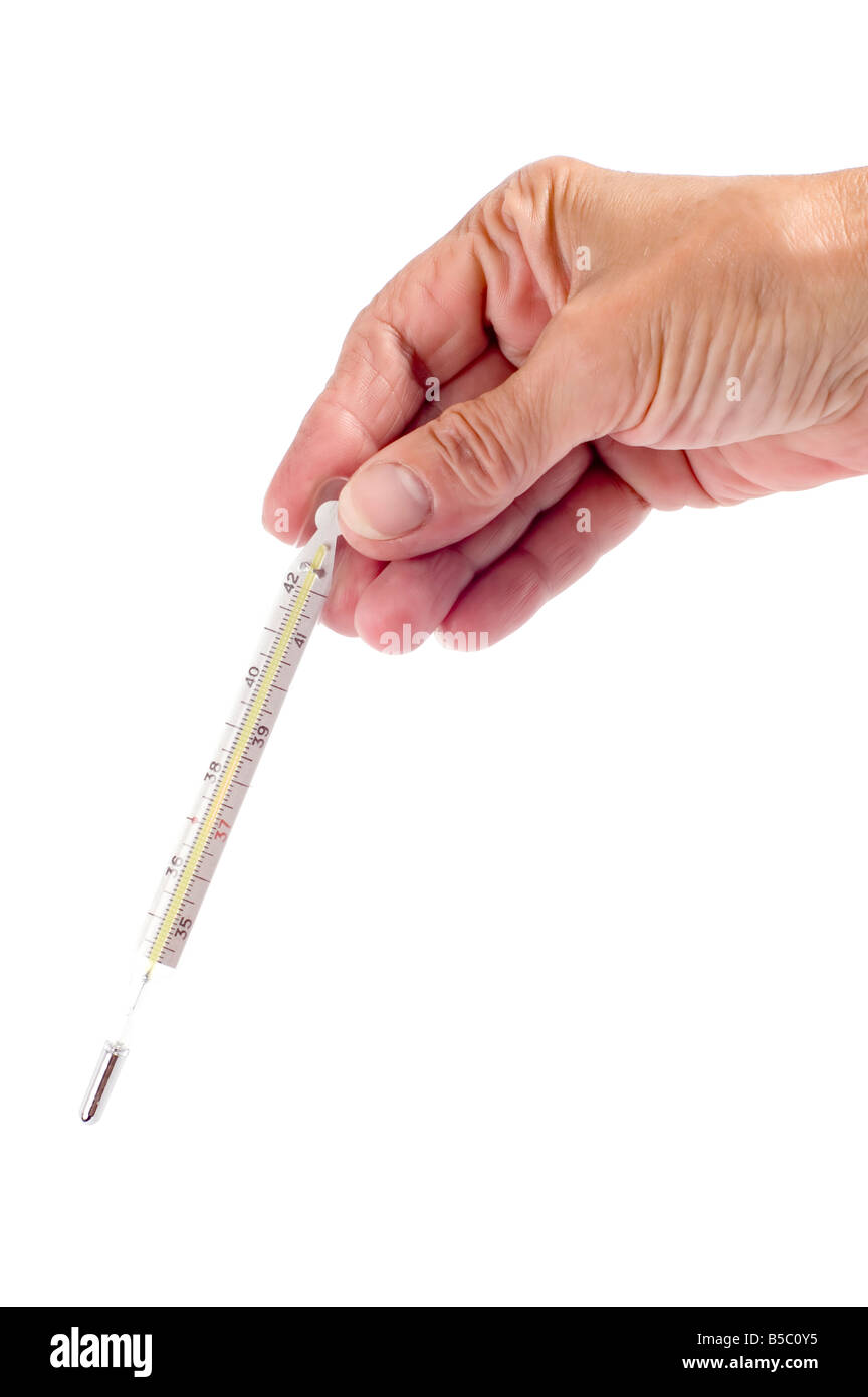 object on white medical tool thermometer in hand Stock Photo