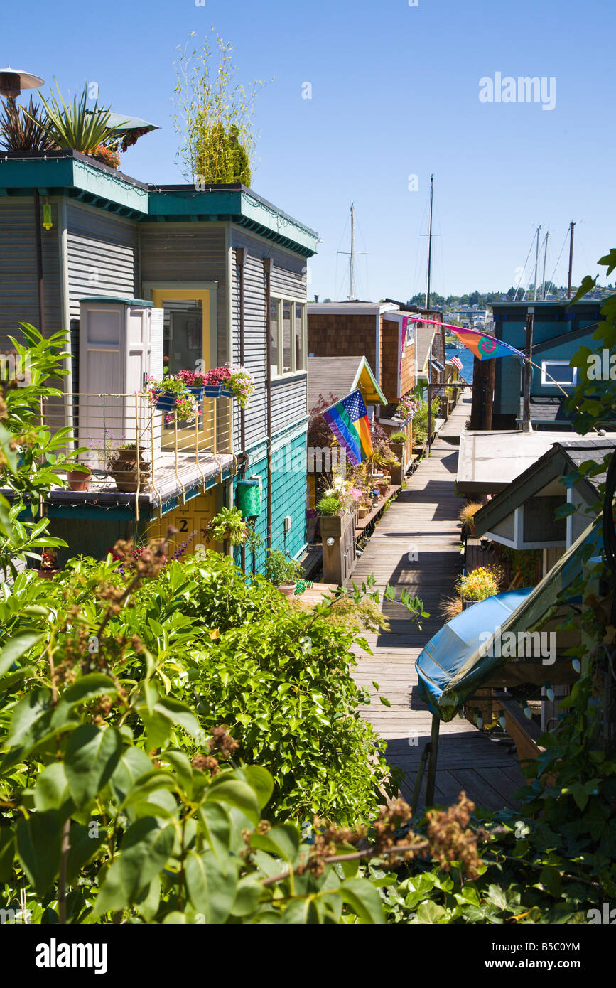Floating homes on west shore of Lake Union in Seattle, Washington Stock