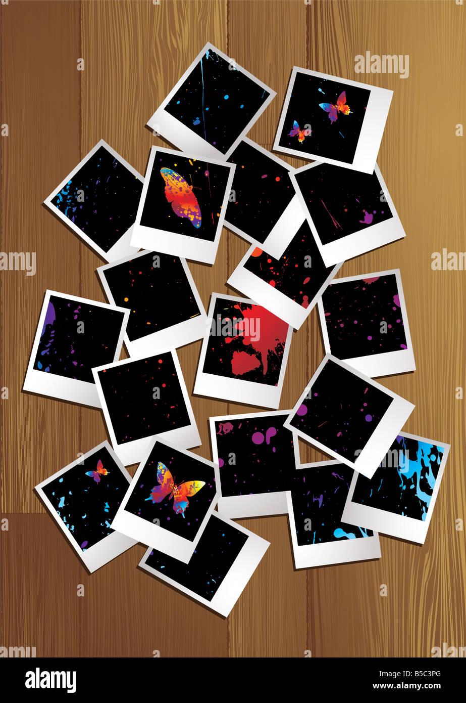 Polaroid images spread out across a wooden table Stock Photo - Alamy